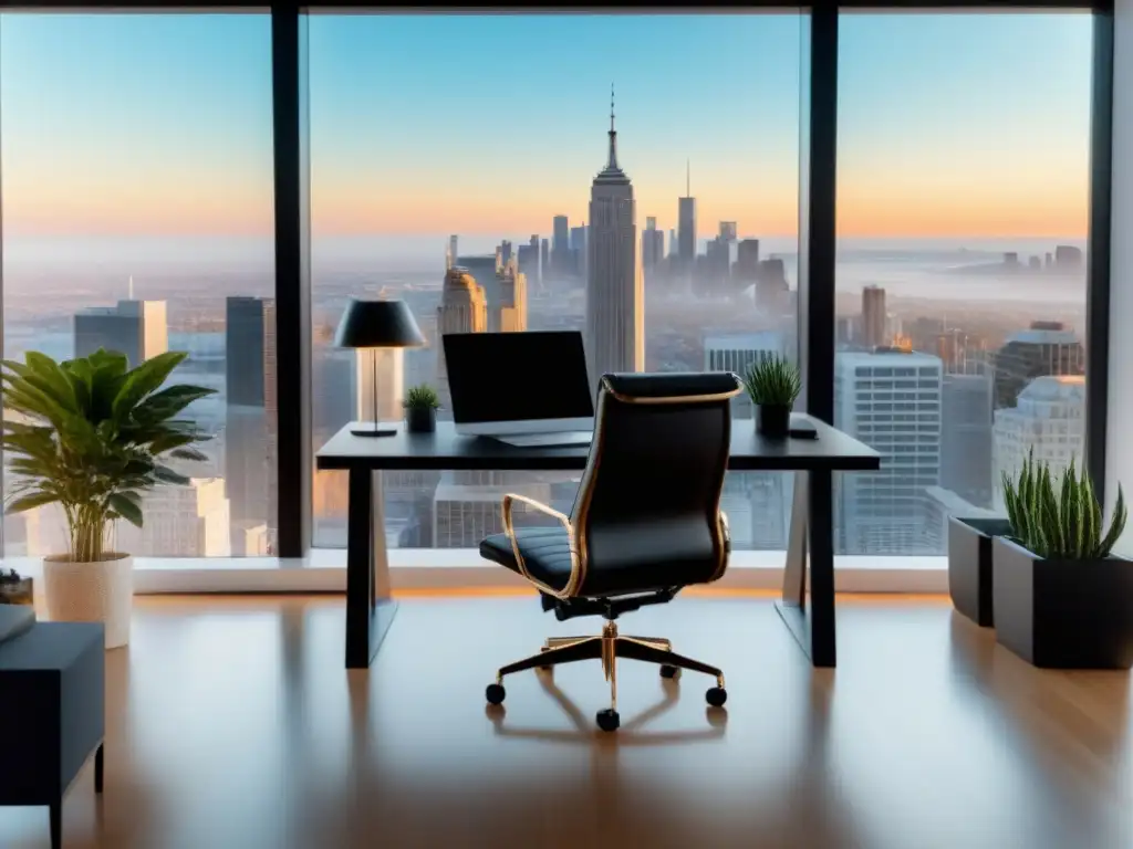 Oficina moderna de lujo con vista a la ciudad Un elegante despacho con vista a la ciudad, ideal para inversores inmobiliarios