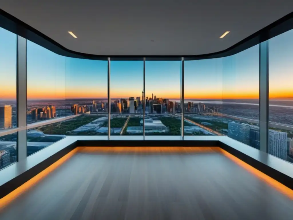 Oficina inmobiliaria de lujo con vista urbana: éxito y sofisticación Un elegante y detallado despacho inmobiliario moderno con vista a la ciudad