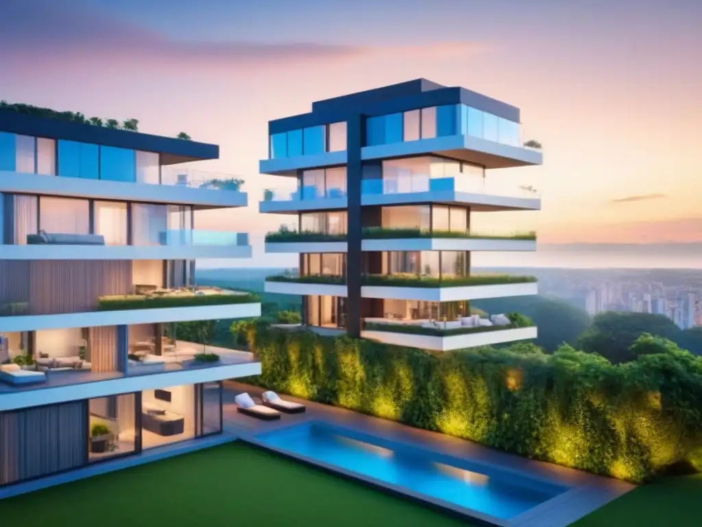 Edificio residencial futurista en ciudad vibrante Elegante diseño arquitectónico futurista con ventanales y vegetación, en contraste con el paisaje urbano