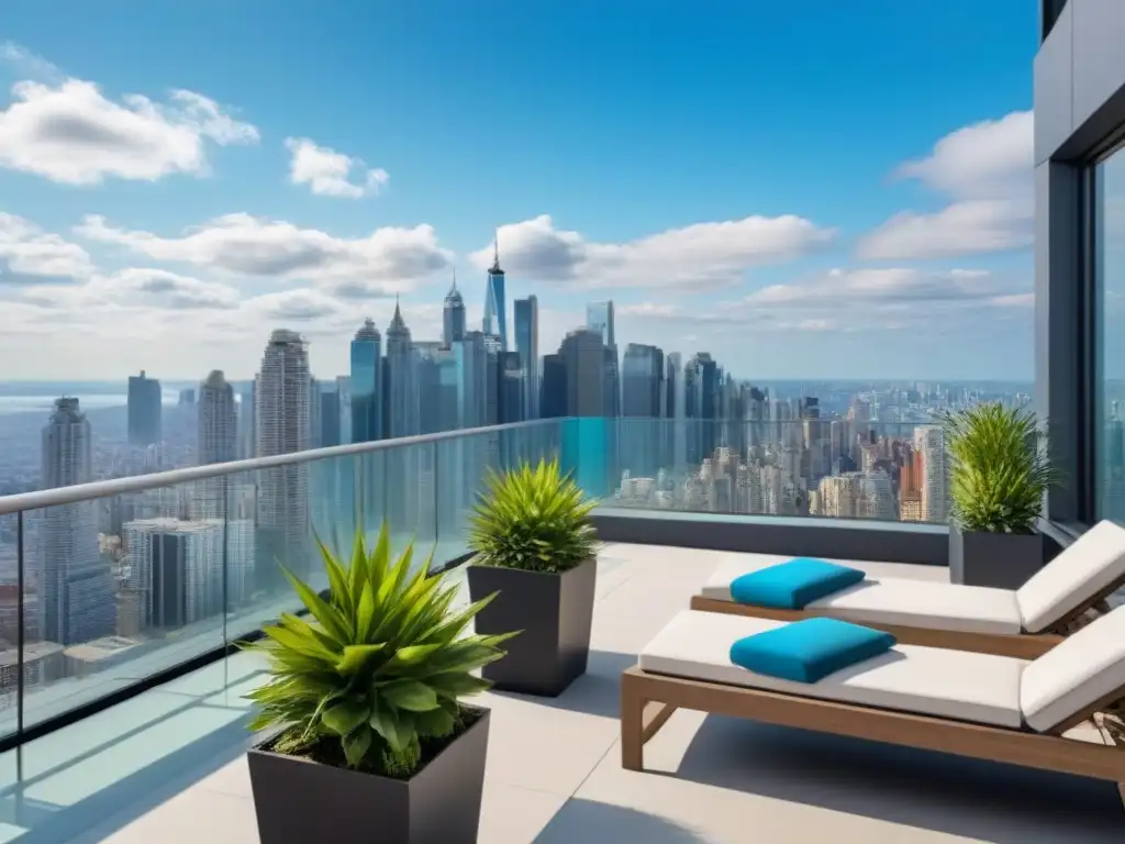 Edificio de apartamentos de lujo: modernidad y elegancia en la ciudad Elegante edificio de apartamentos con terraza en la azotea y vista a la ciudad