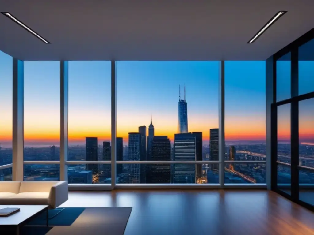 Edificio de oficinas moderno al anochecer Un elegante edificio de oficinas moderno iluminado al atardecer, con el horizonte de la ciudad de fondo