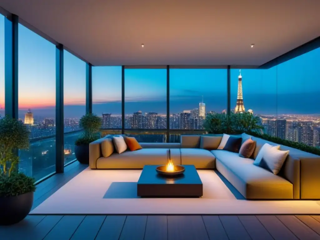 Rascacielos de lujo con terraza en la cima Un elegante edificio con ventanas de cristal que reflejan la ciudad al atardecer, destacando una lujosa terraza con mobiliario y vegetación
