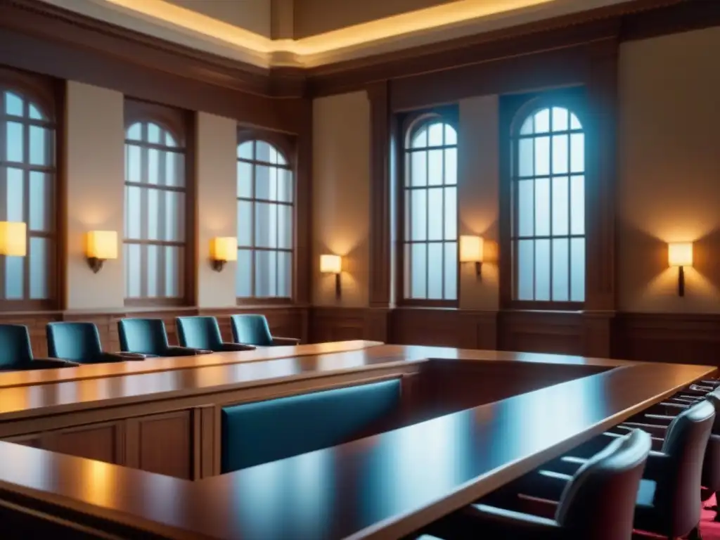 Salón de justicia moderno y lujoso con profesionales discutiendo Un elegante escenario de sala de tribunal moderna, con profesionales diversos discutiendo, iluminado por luz natural