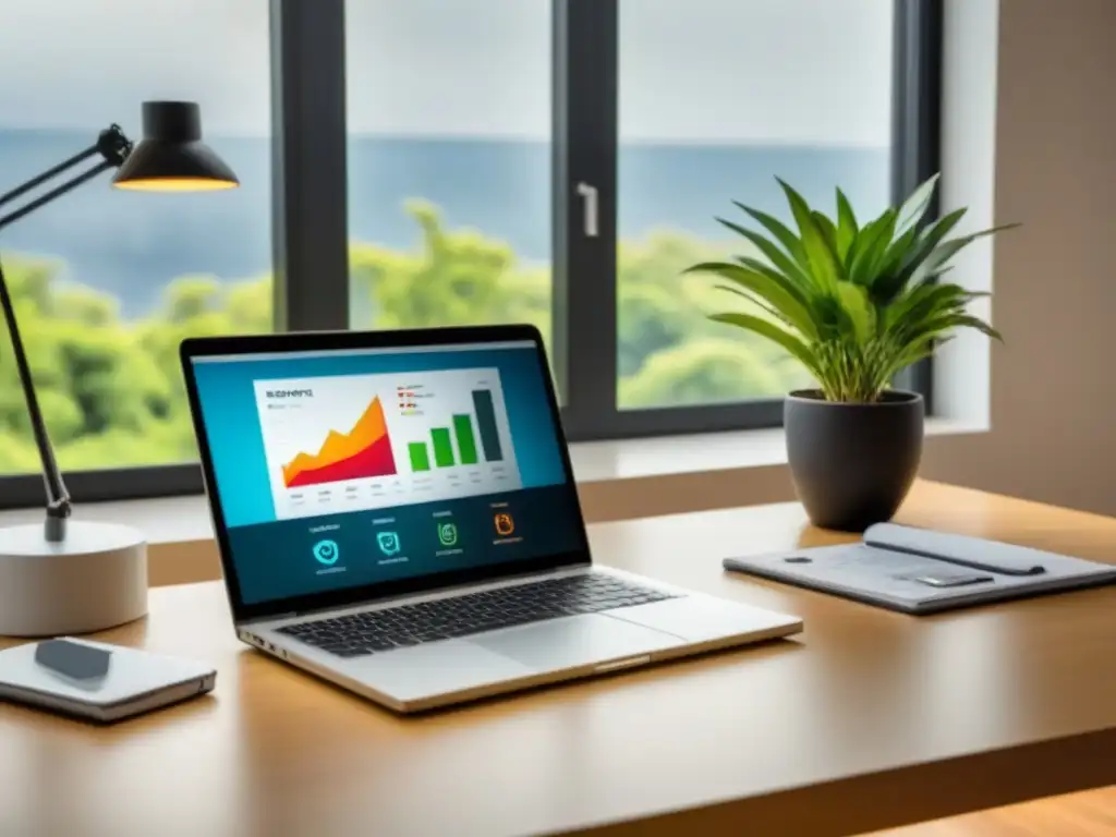 Oficina moderna: inversión inmobiliaria en gráficos Un elegante escritorio de oficina con gráficos de inversión inmobiliaria, informes financieros, calculadora y planta, iluminado por luz natural