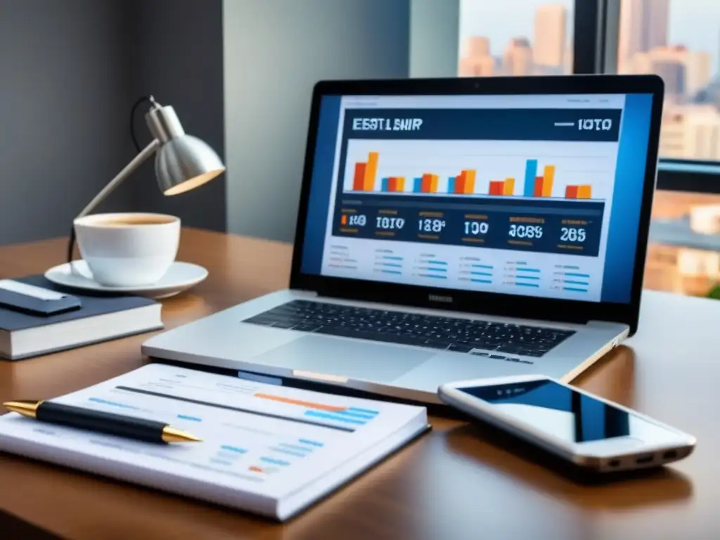 Oficina moderna con gráficos financieros de inversión inmobiliaria Un elegante escritorio de oficina con gráficos financieros sobre inversiones inmobiliarias, libros y café