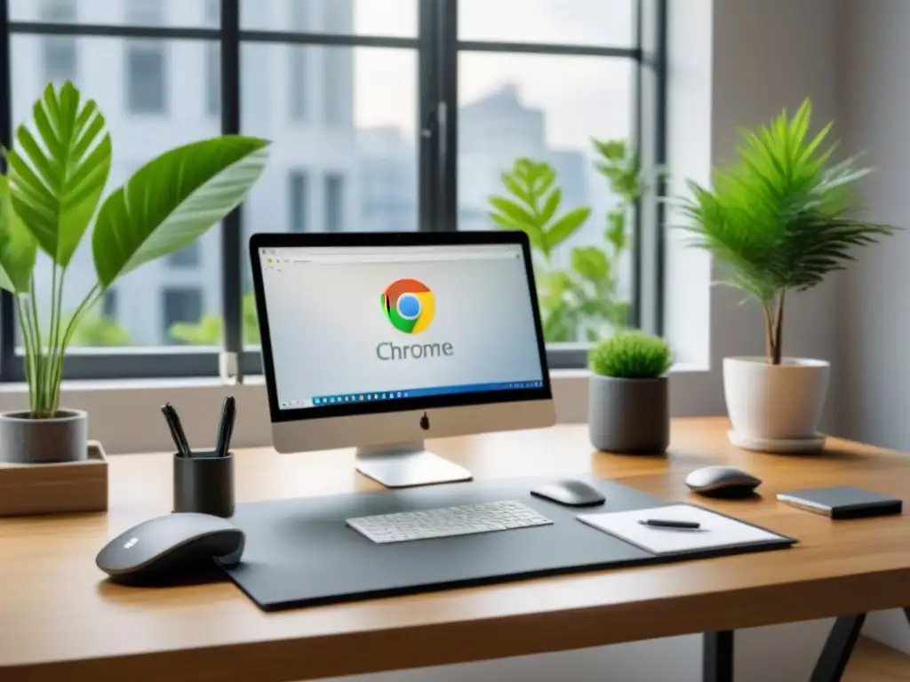 Oficina moderna de lujo con Google Chrome y plantas verdes Un elegante escritorio de oficina con laptop y Extensiones Google Chrome profesionales inmobiliarios, iluminado por luz natural