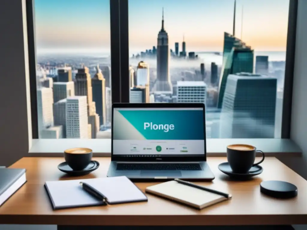 Inversión inmobiliaria: oficina moderna con laptop y café Un elegante escritorio de oficina con laptop mostrando plataforma de crowdfunding inmobiliario, notas de inversión y café, con vista a la ciudad