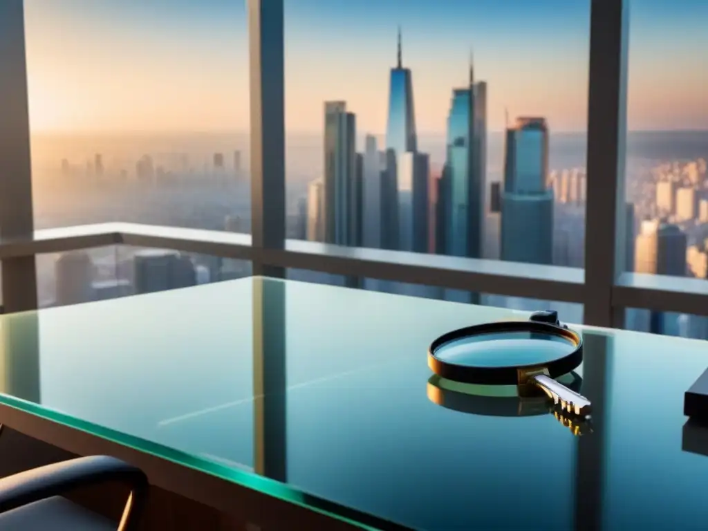 Oficina moderna: transparencia en transacciones inmobiliarias Elegante escritorio de oficina con llaves, contrato y lupa sobre vidrio transparente, fondo de ciudad reflejando la luz