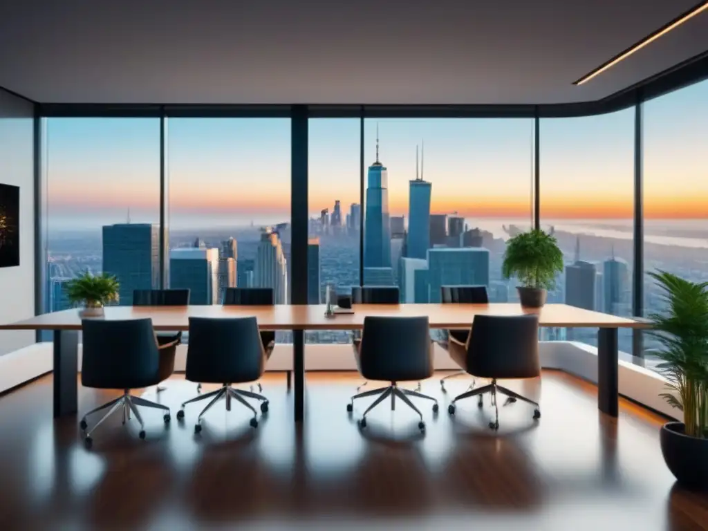 Oficina moderna con vista urbana y elegante área de reuniones Un elegante espacio de oficina con vista a la ciudad, ideal para analizar indicadores clave en portafolios inmobiliarios