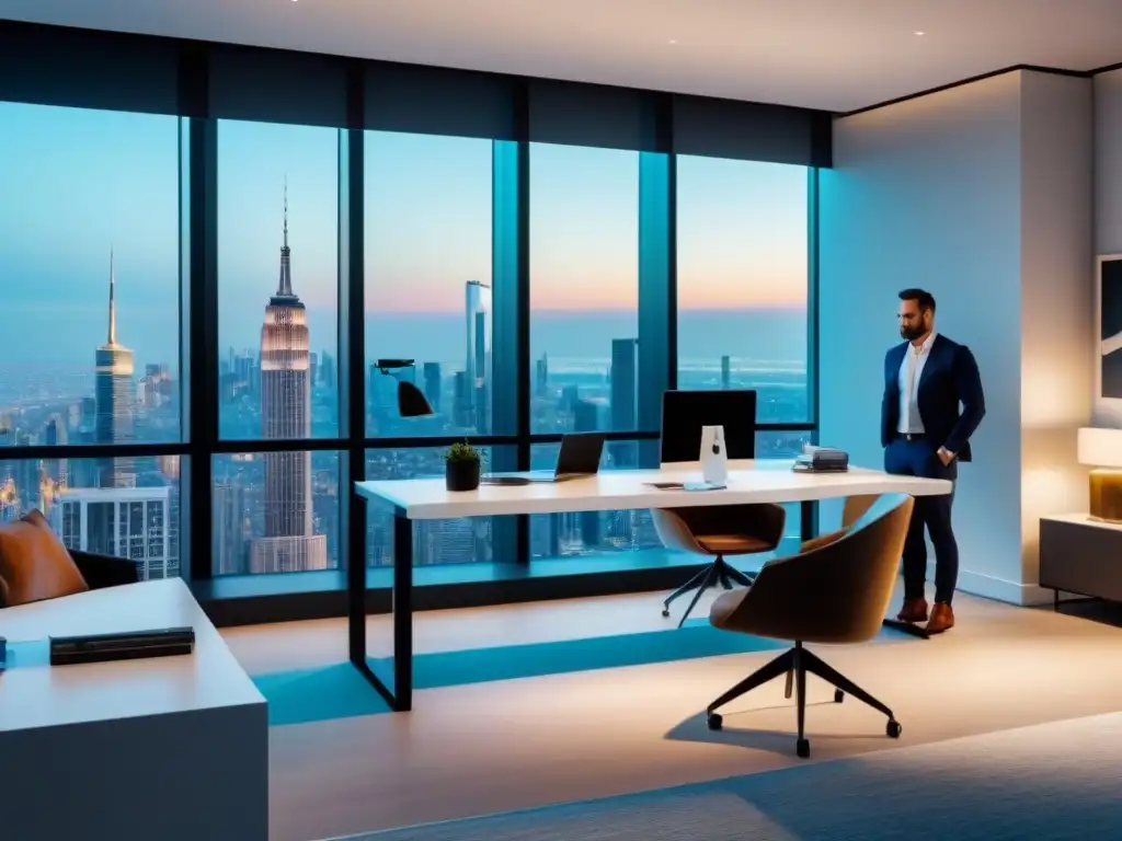 Oficina moderna con vista panorámica: profesionalismo y éxito Un elegante espacio de oficina con vista panorámica a la ciudad, reflejando éxito y profesionalismo