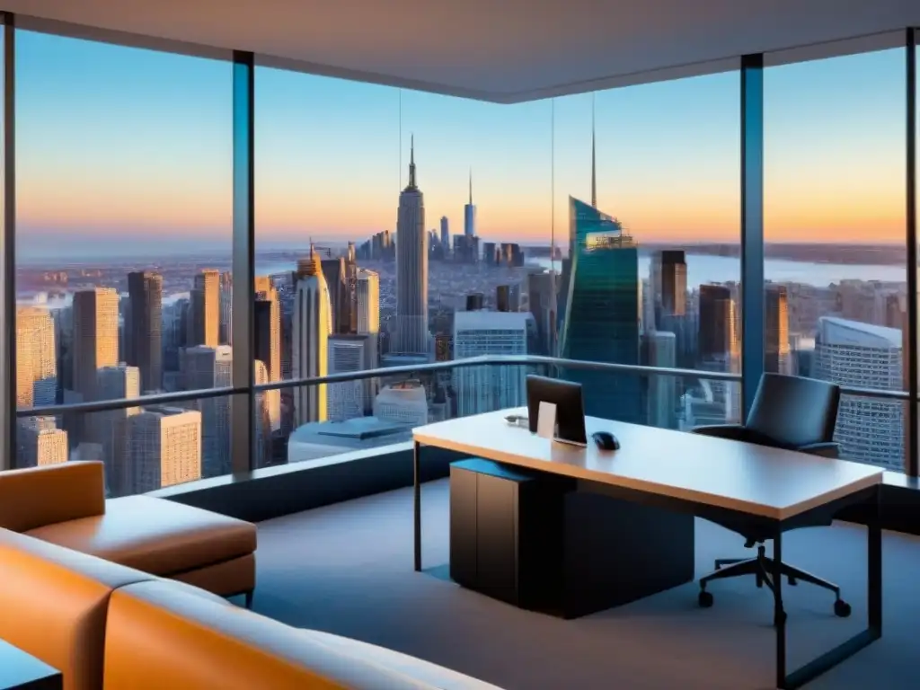 Auditoría inmobiliaria: Oficina moderna de lujo con vista a la ciudad Un elegante espacio de oficina con vista a la ciudad, mobiliario moderno y tecnología de lujo