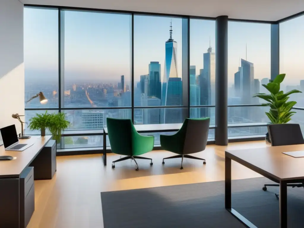 Oficina moderna con asesoría profesional para seguros comerciales Un elegante espacio de oficina con vista a la ciudad, ideal para consultas de seguros para propiedades comerciales