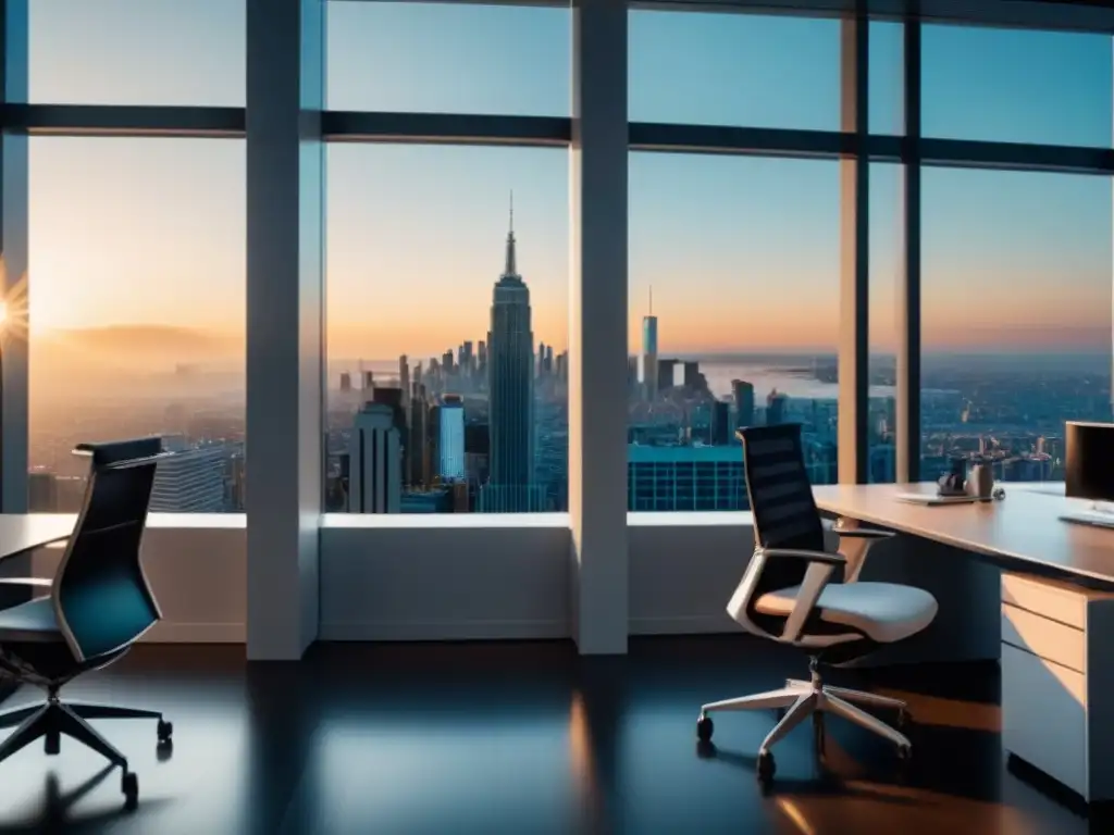 Oficina moderna con vista panorámica: sofisticación y profesionalismo Un elegante espacio de oficina con vista a la ciudad para la planificación financiera de inversionistas inmobiliarios