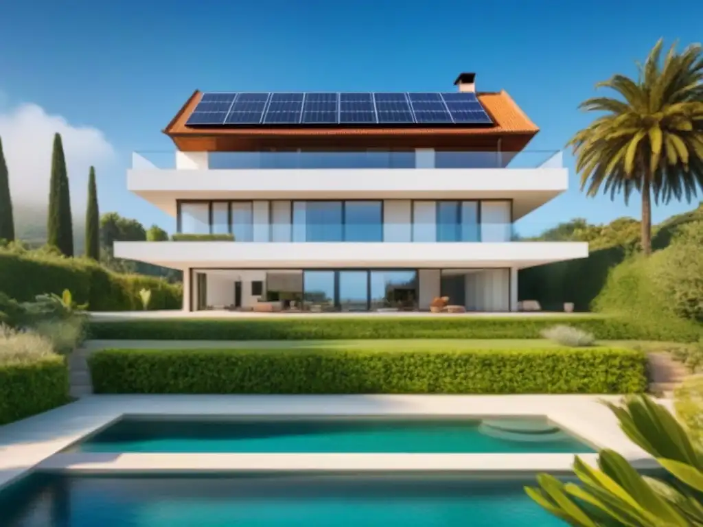 Villa española renovada con paneles solares en un entorno verde Elegante villa española renovada con eficiencia energética y paneles solares en el techo, rodeada de exuberante vegetación bajo un cielo azul claro