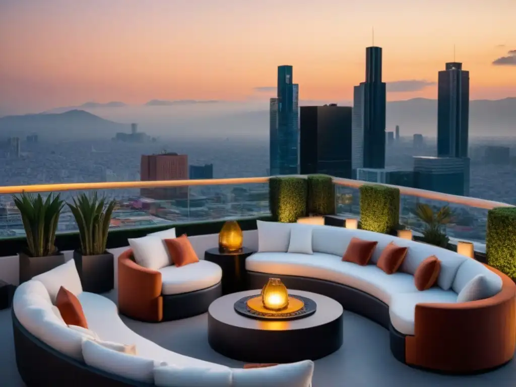 Evento de lujo en terraza: atardecer en CDMX Un elegante evento en la azotea de lujo en la Ciudad de México con vistas a propiedades de lujo al atardecer