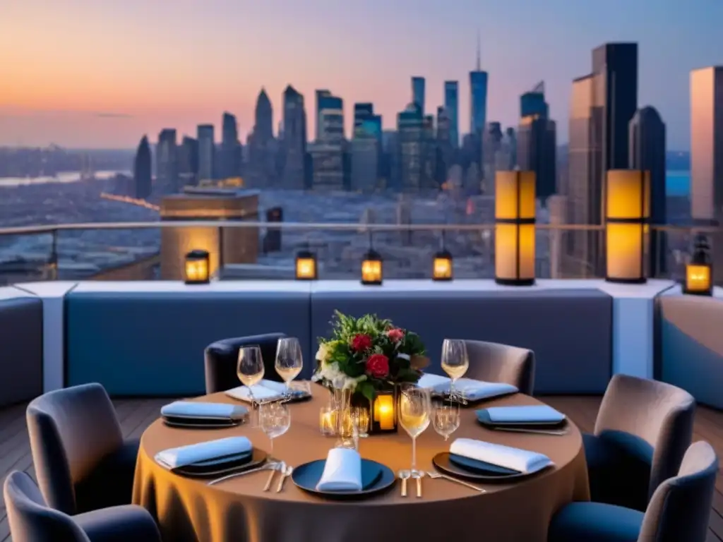 Exclusivo evento de lujo en terraza al atardecer Un elegante evento en la azotea con vista a la ciudad al atardecer