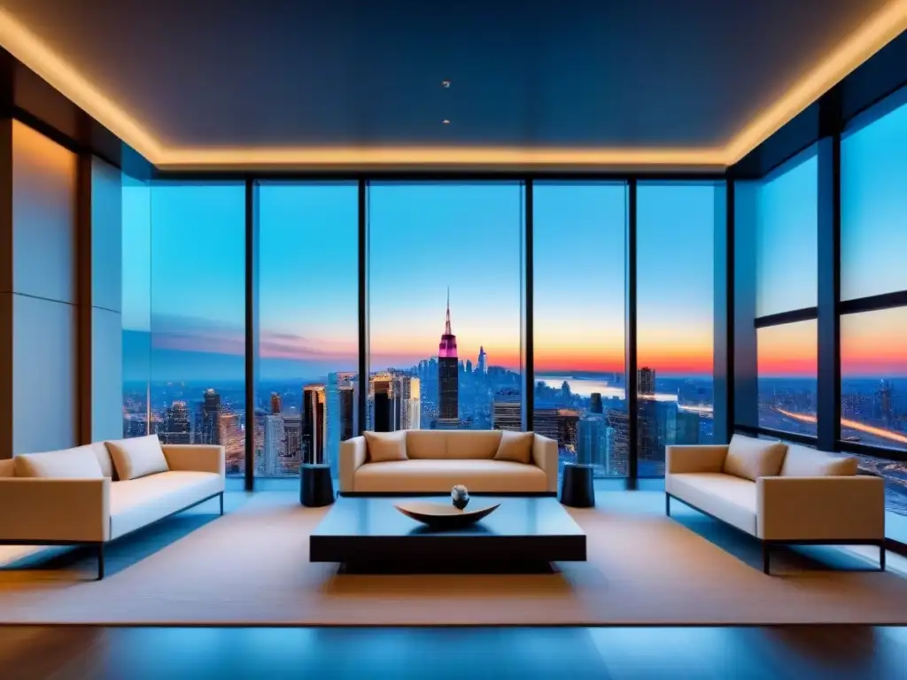 Oficina de lujo con arte abstracto y vista urbana al atardecer Elegante lobby con arte abstracto y vista a la ciudad al atardecer, prevención lavado dinero sector inmobiliario