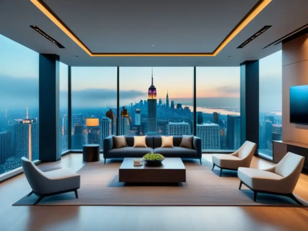 Oficina inmobiliaria de lujo con vista a la ciudad Elegante lobby inmobiliario con ventanales y vista a la ciudad