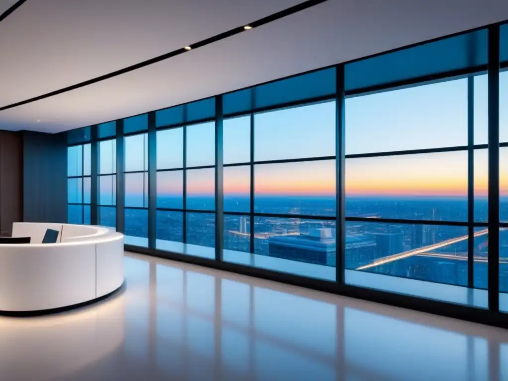 Oficina hightech: diseño futurista y tecnología inmobiliaria en tiempo real Elegante lobby de oficina con arquitectura futurista, mobiliario minimalista blanco y pantallas digitales