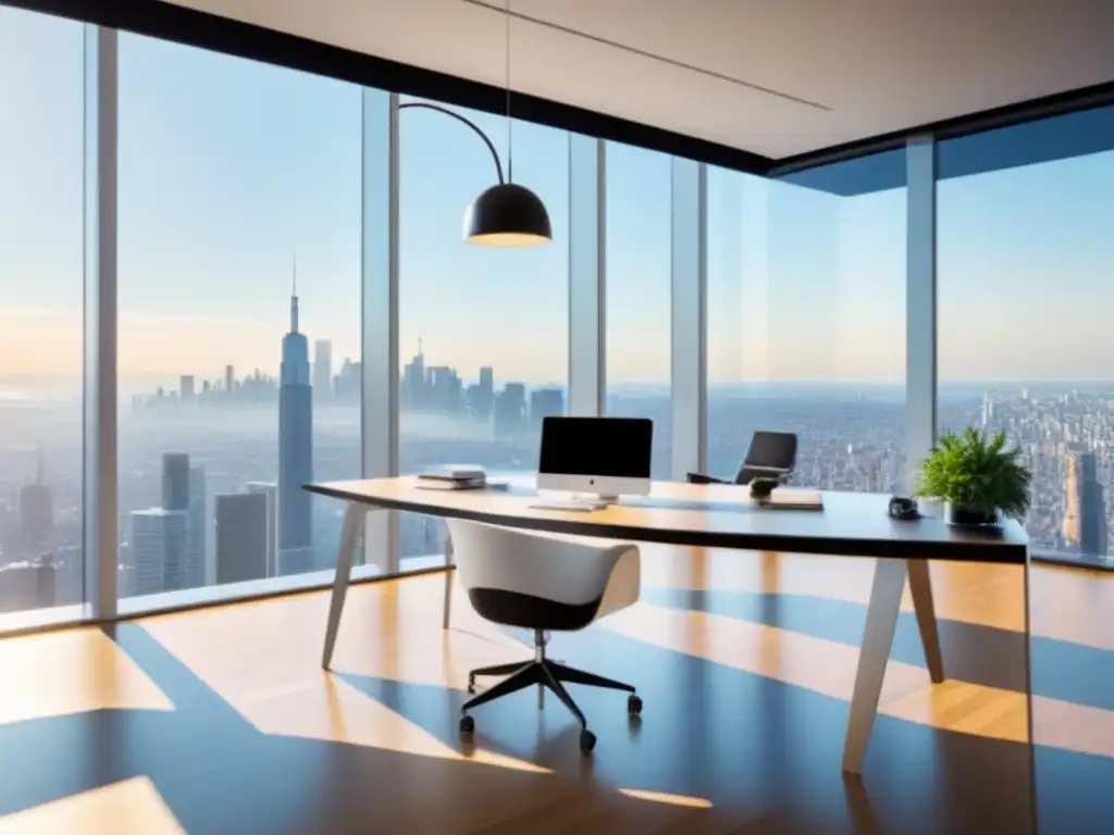 Oficina moderna de éxito con vista panorámica y diseño sofisticado Un elegante y moderno despacho con vista panorámica a la ciudad, REITs de capital vs hipoteca