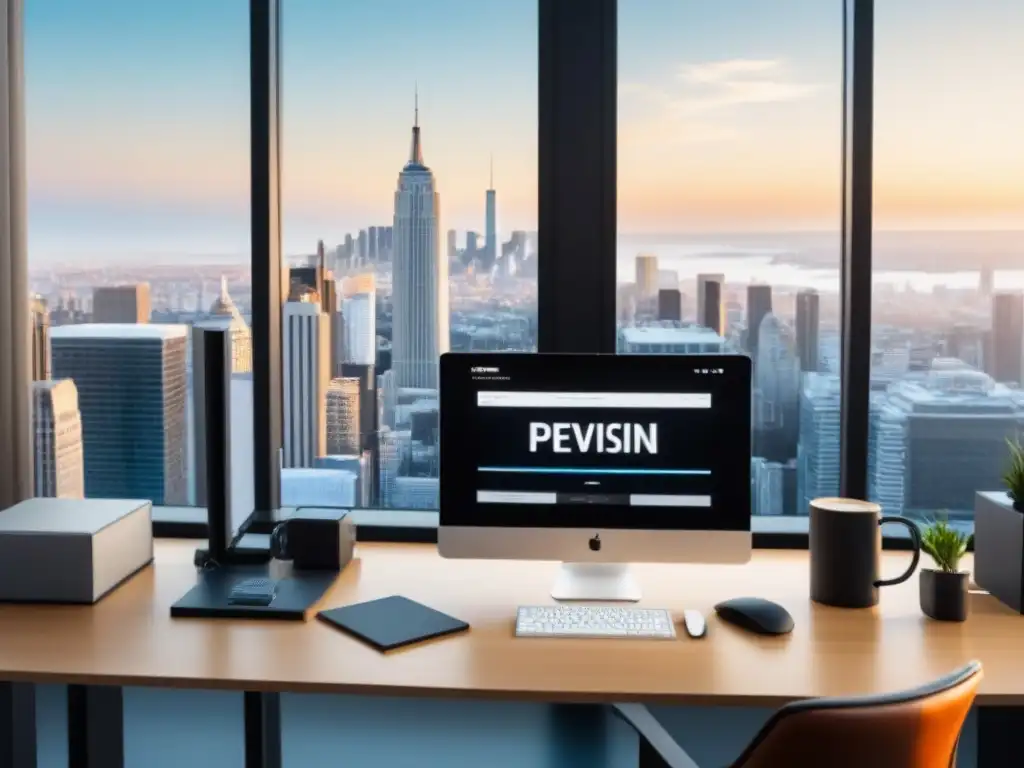 Oficina moderna con software financiero para inversiones Un elegante y moderno escritorio de oficina con software de análisis financiero