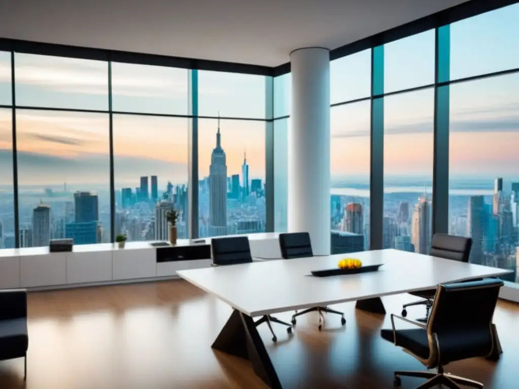 Sala de reuniones de lujo con vista a la ciudad para planificación financiera estratégica Una elegante oficina moderna con vista a una ciudad bulliciosa, ideal para Inversión inmobiliaria en Paraguay