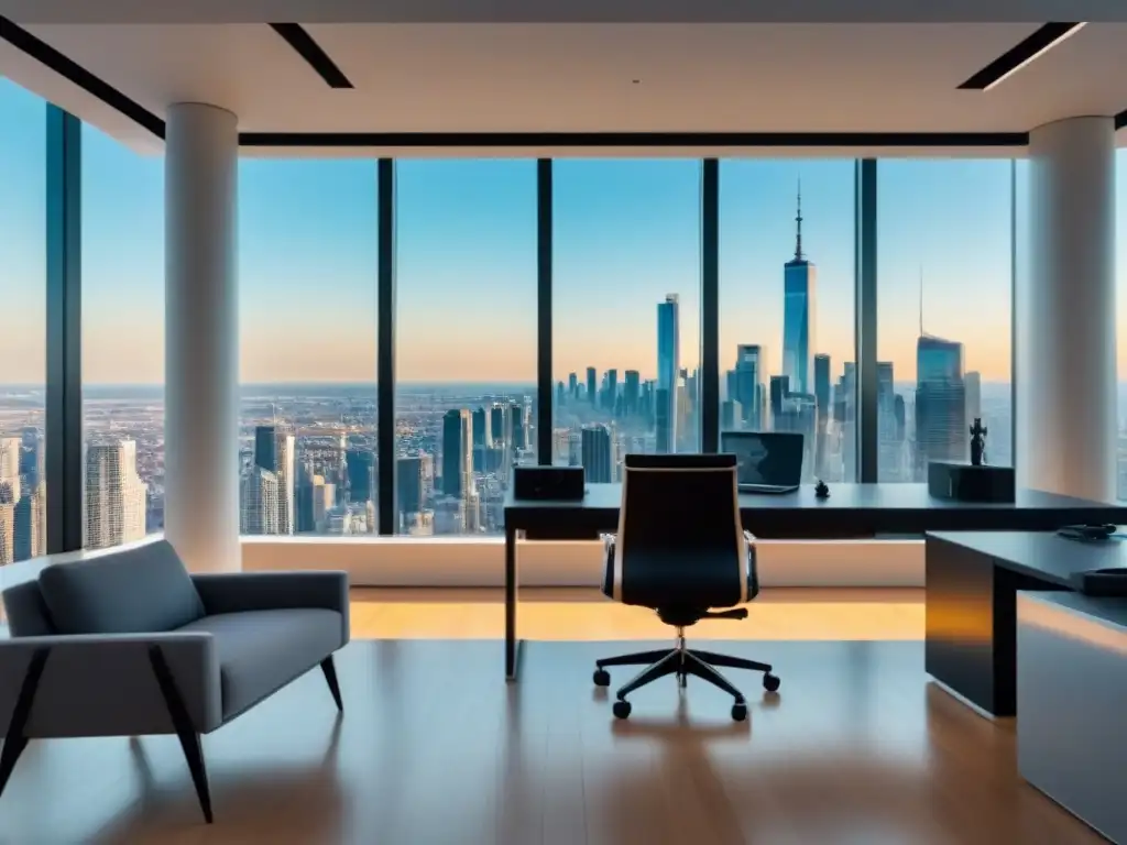 Oficina moderna con vista panorámica urbana Elegante oficina moderna con vista a la ciudad, perfecta para análisis de mercado inversión inmobiliaria