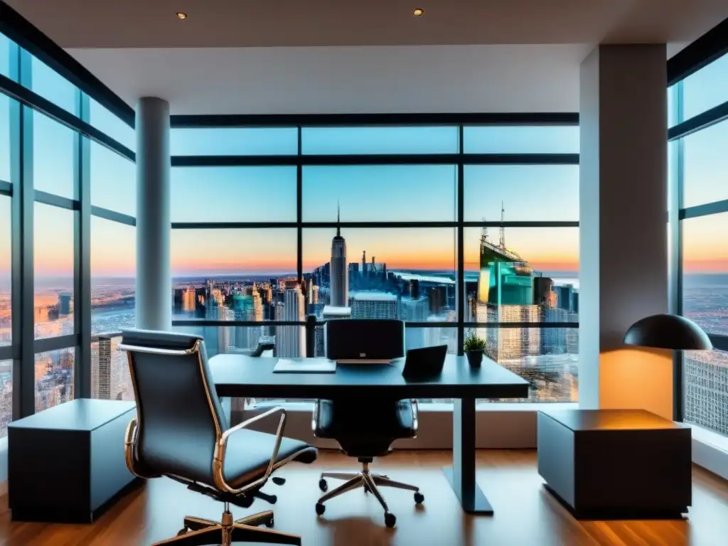 Oficina moderna de lujo con vista a la ciudad y motivación Elegante oficina moderna con vistas a la ciudad, escritorio con laptop y gráficos financieros, silla de cuero y cita motivacional enmarcada