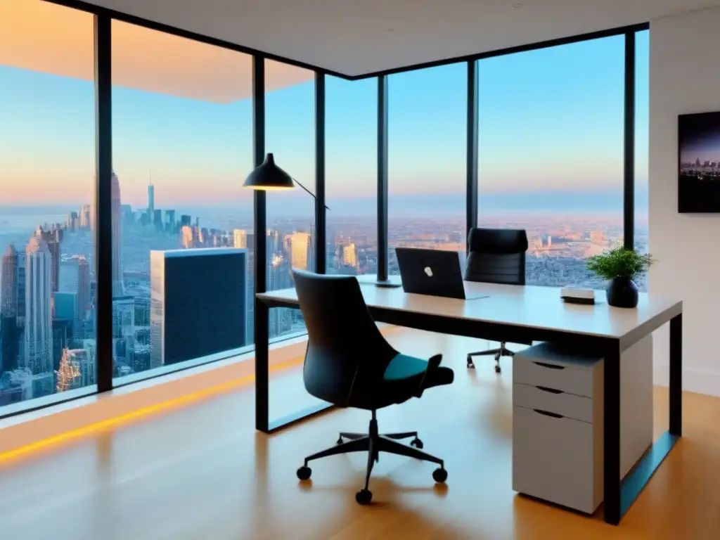 Oficina minimalista con vista urbana: imagen 8k ultradetallada Elegante oficina con vista a la ciudad, ideal para estrategias de inversión en propiedades en remate