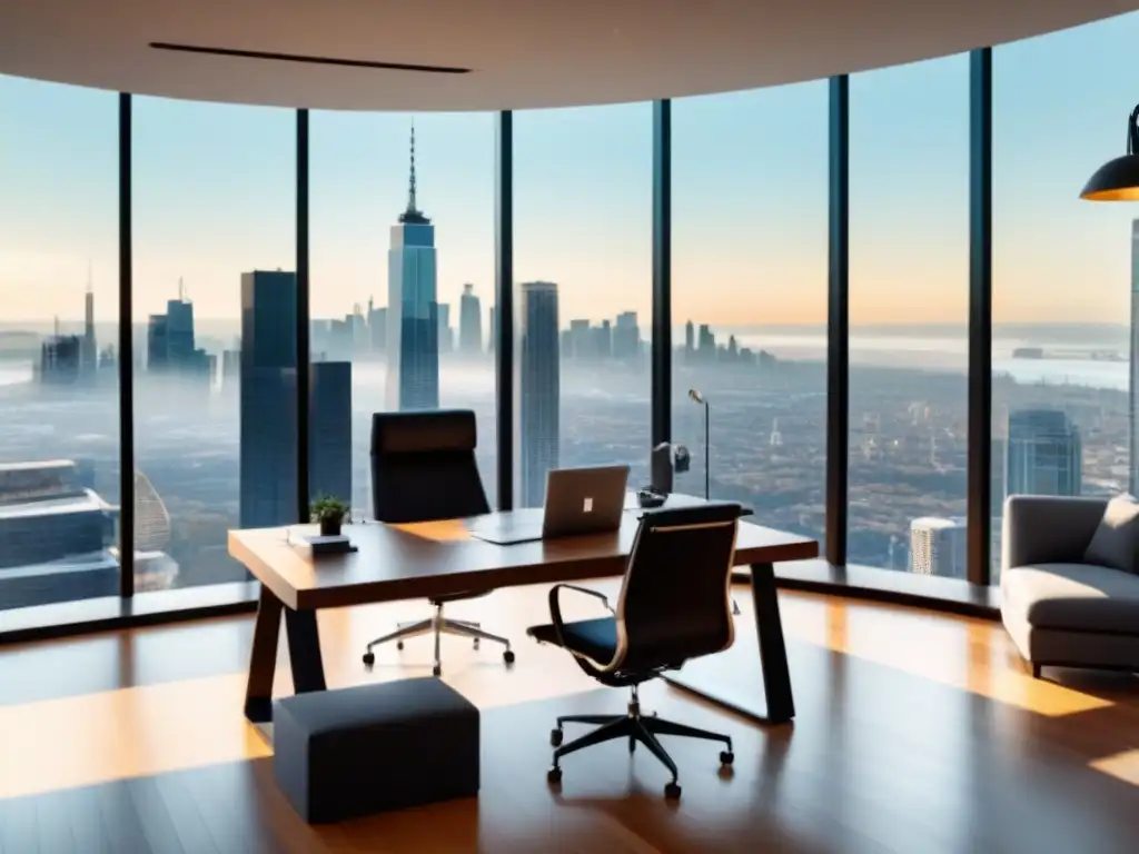 Oficina moderna con vista panorámica para discutir contratos inmobiliarios Elegante oficina con vista a la ciudad y muebles modernos, ideal para tratar incumplimientos contractuales en bienes raíces
