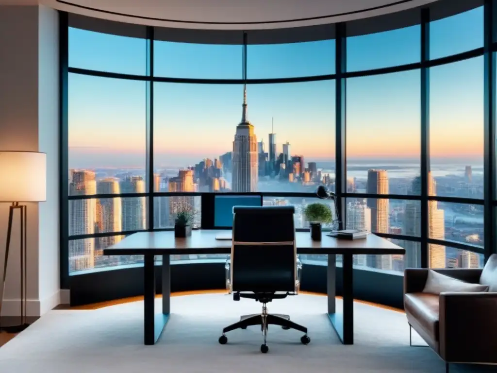 Oficina de lujo con vista panorámica y elegancia moderna Elegante oficina con vista a la ciudad, escritorio de cristal, documentos legales, silla de cuero y decoración moderna