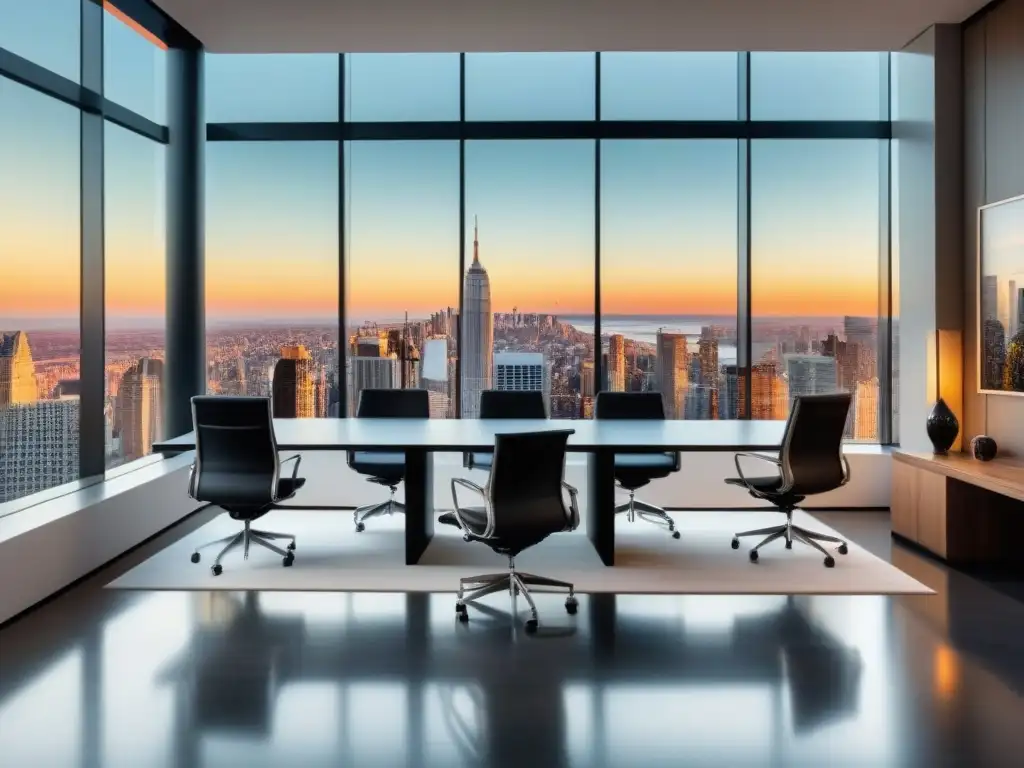 Oficina de lujo con vista panorámica: Profesionales en acción Elegante oficina con vista a la ciudad, profesionales discuten inversiones inmobiliarias de lujo