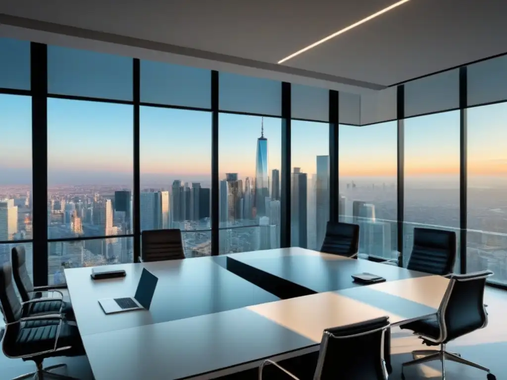 Reunión de profesionales en oficina moderna con vista panorámica Elegante oficina con vista panorámica a la ciudad