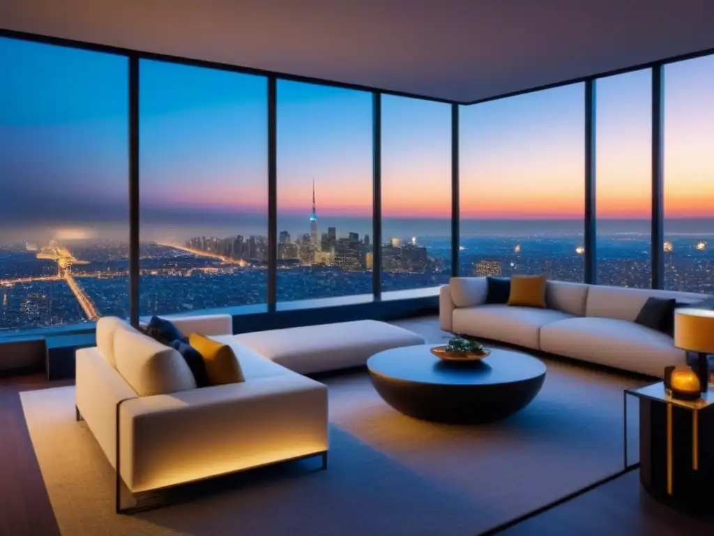 Penthouse de lujo con vista nocturna de la ciudad Un elegante penthouse contemporáneo con vista a una ciudad vibrante al anochecer, ideal para inversiones inmobiliarias en mercados nicho