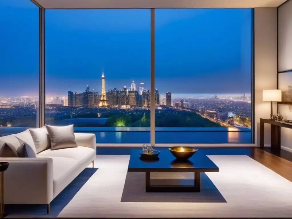 Penthouse de lujo con vista a la ciudad al atardecer Elegante penthouse moderno con vista a la ciudad al anochecer y diseño contemporáneo