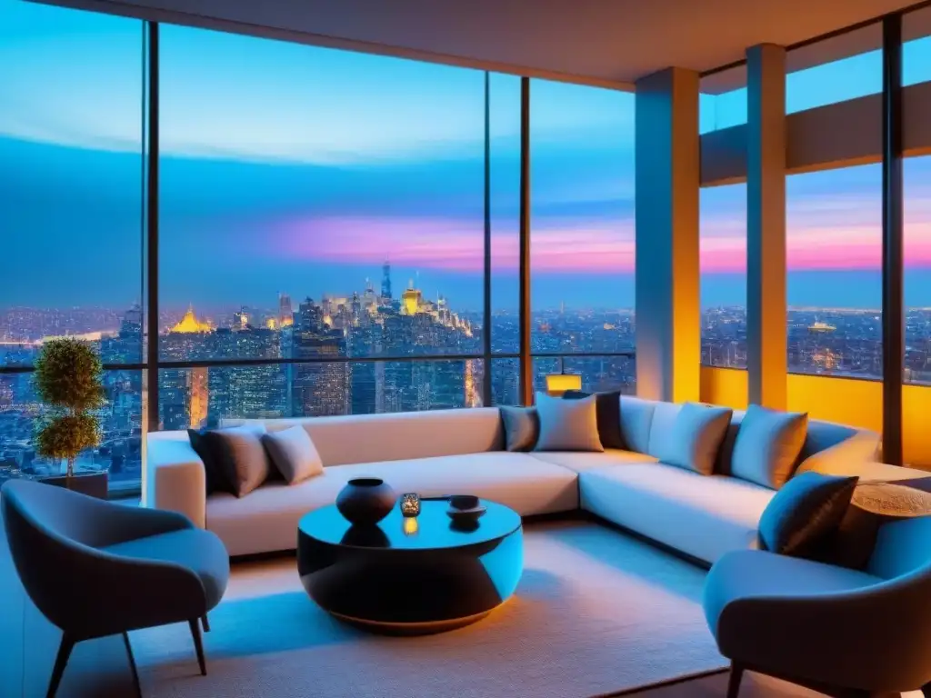 Penthouse moderno de lujo con vista a la ciudad Elegante penthouse moderno con vista a la ciudad y terraza amplia, reflejando propiedades de alto valor