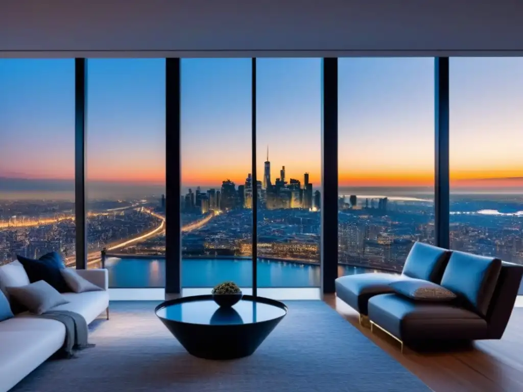Penthouse de lujo con diseño contemporáneo y vista panorámica en la ciudad Elegante penthouse moderno con vista a la ciudad, diseño contemporáneo y lujosos muebles