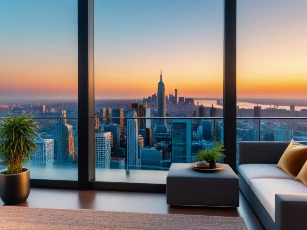 Penthouse de lujo con vistas a la ciudad al atardecer y diseño moderno Elegante penthouse moderno con vistas a la ciudad al atardecer, diseñado para estrategias de salida en inversiones inmobiliarias