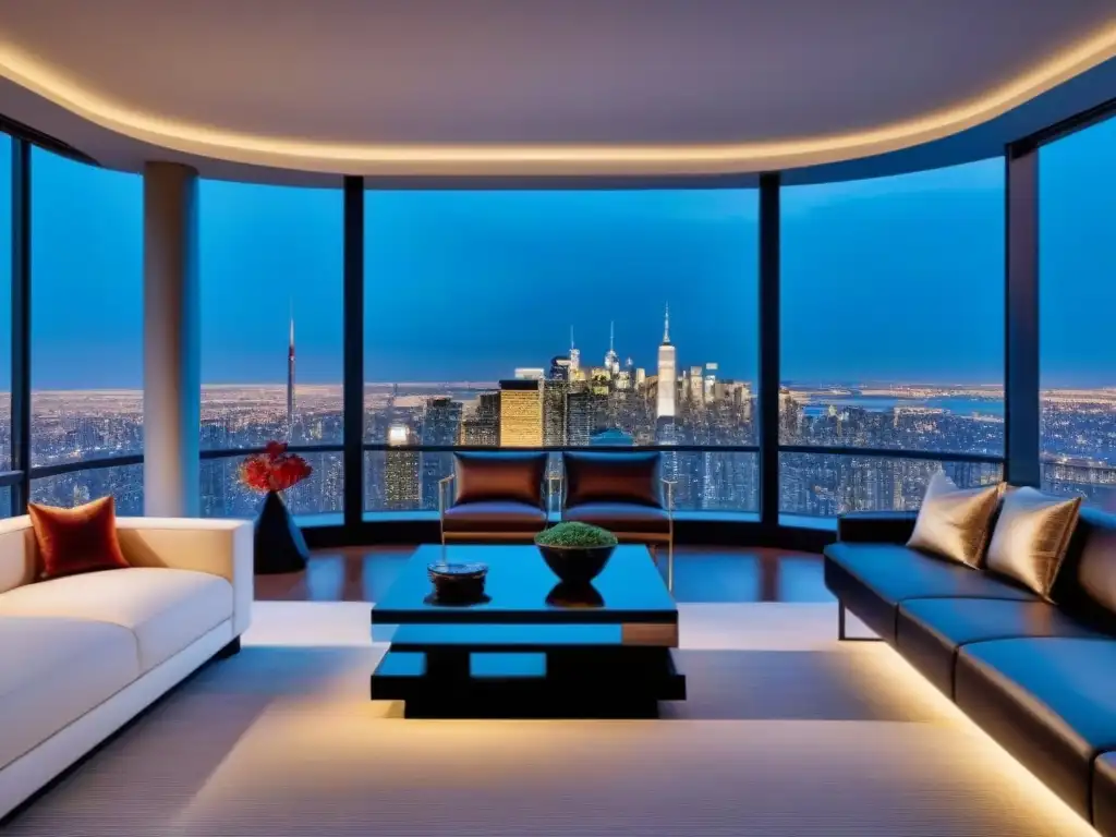Penthouse de lujo con vistas panorámicas al atardecer Elegante penthouse moderno con vistas a la ciudad al anochecer
