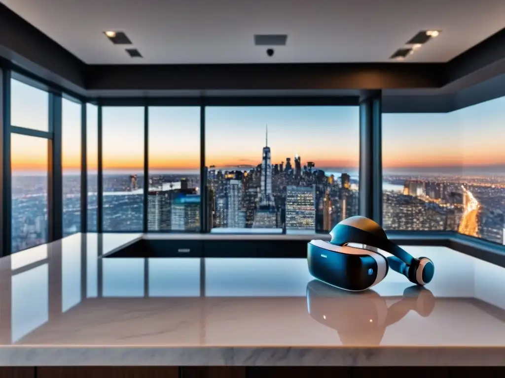 Penthouse de lujo con VR headsets y vista panorámica de la ciudad Elegante penthouse con tecnología de Realidad Virtual en venta inmobiliaria