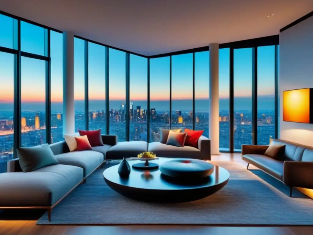 Penthouse moderno con vista a la ciudad y arte abstracto Elegante penthouse con ventanales y arte abstracto en la ciudad