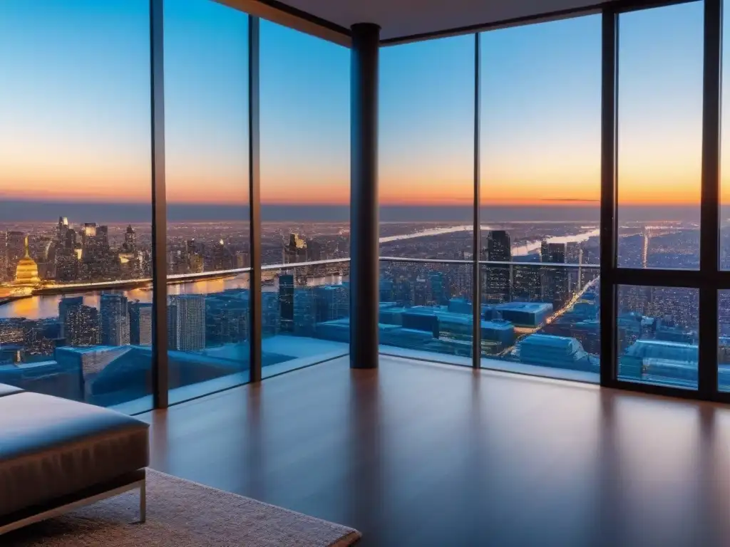 Penthouse de lujo con vistas a la ciudad: elegancia contemporánea Elegante penthouse con vista a la ciudad, mobiliario contemporáneo y luz natural