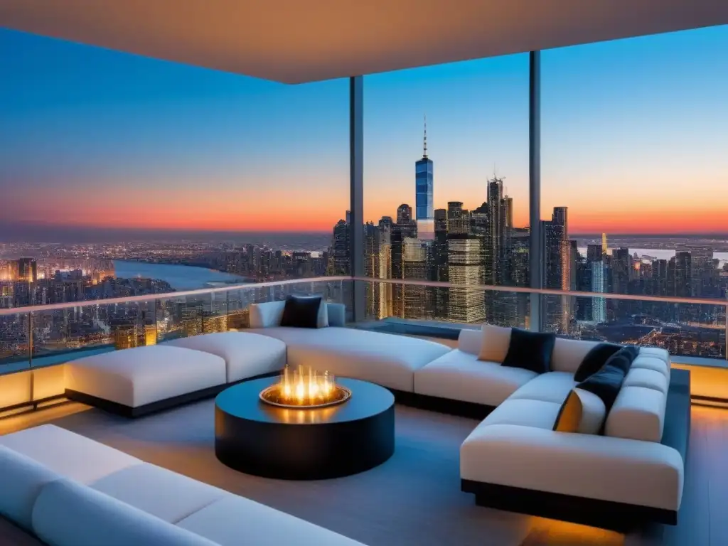 Penthouse de lujo con vistas panorámicas al atardecer en la ciudad Elegante penthouse con vista a la ciudad al anochecer, ideal para estrategias de inversión en propiedades en remate
