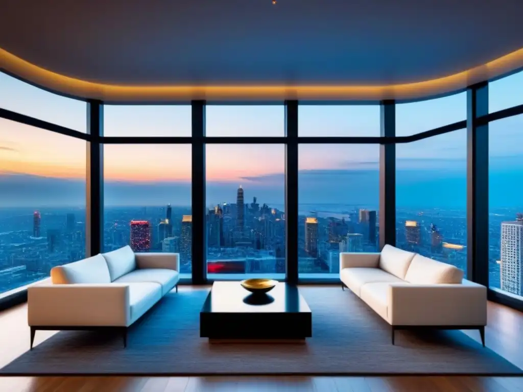 Penthouse de lujo con diseño sofisticado y tecnología integrada Elegante penthouse con vista a la ciudad al atardecer, diseño sofisticado y tecnología integrada