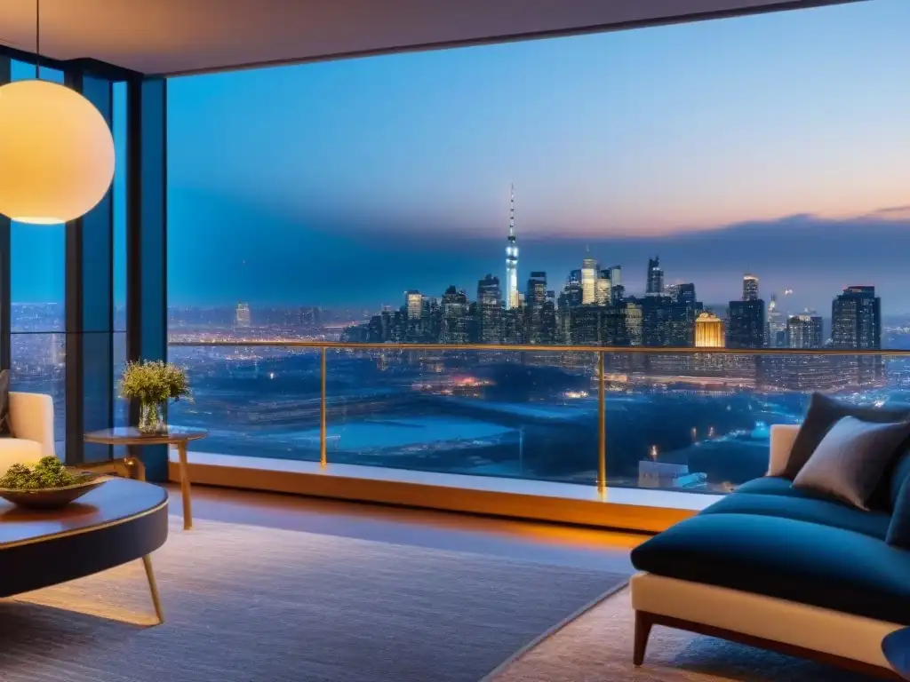 Penthouse de lujo con vista a la ciudad: sofisticación y arte contemporáneo Elegante penthouse con vista a la ciudad, amueblado con lujo y arte contemporáneo, reflejando sofisticación y riqueza