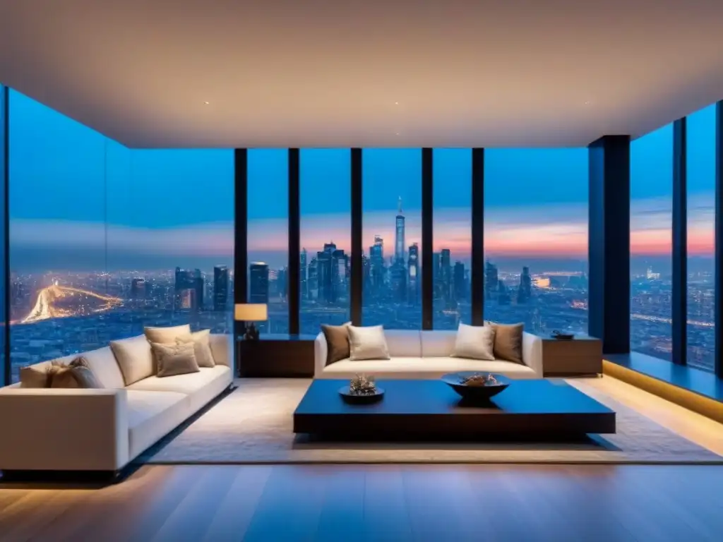 Penthouse de lujo con vista panorámica al atardecer en la ciudad Elegante penthouse con vista panorámica de ciudad al atardecer, ideal para estrategias inversión propiedades lujo