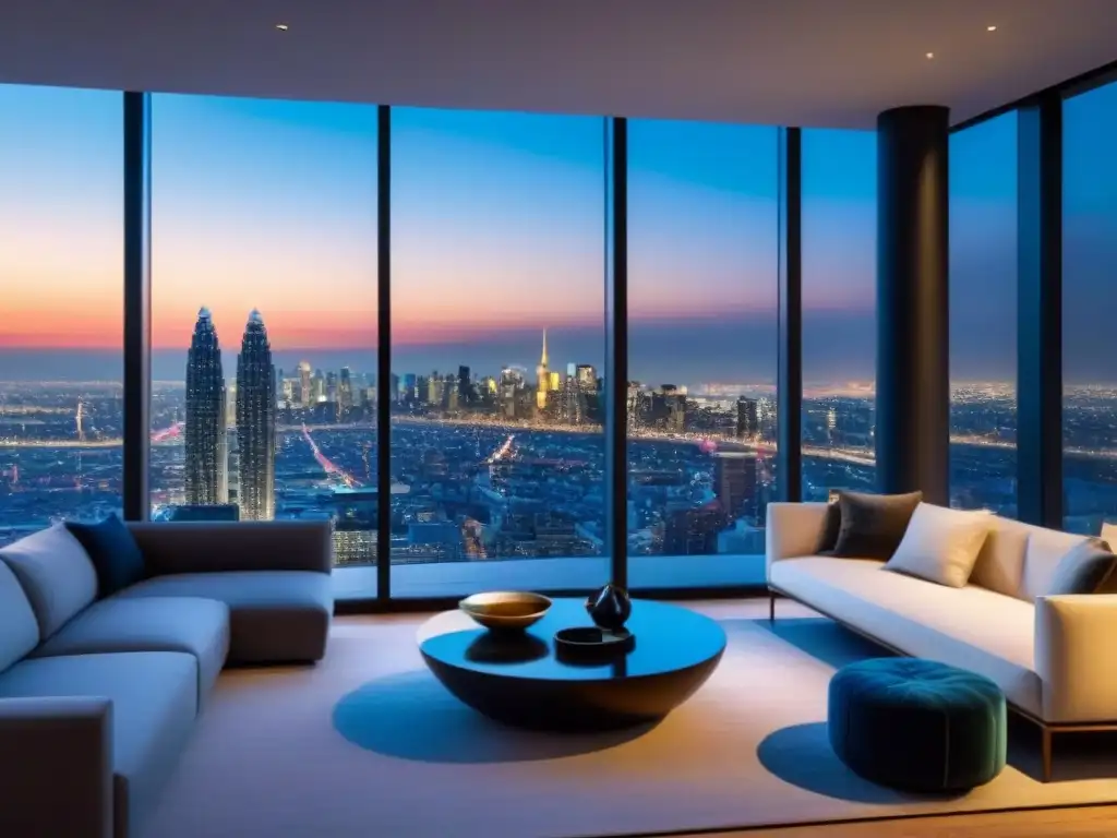 Penthouse de lujo con vistas a la ciudad: diseño elegante y moderno Elegante penthouse con vista panorámica a la ciudad, mobiliario moderno y terraza espaciosa