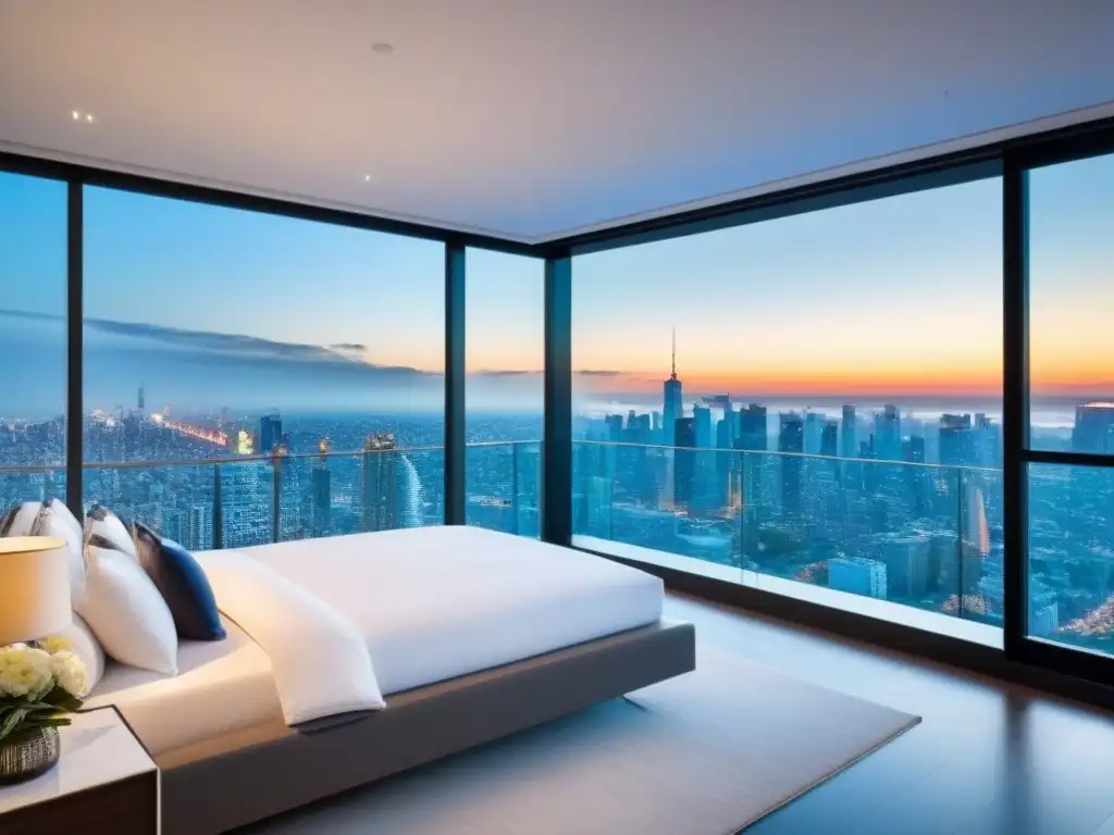 Penthouse de lujo con vistas panorámicas a la ciudad Elegante penthouse con vista panorámica a la ciudad, diseño moderno y lujoso