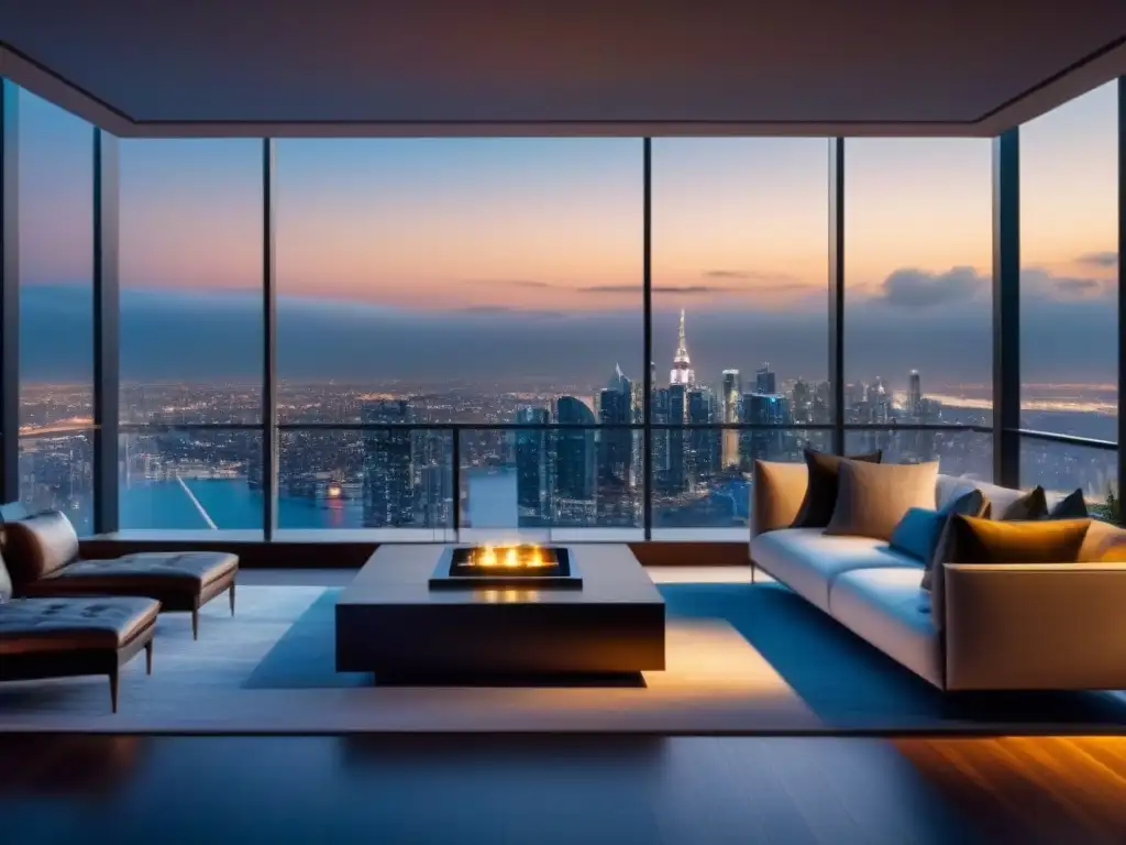 Penthouse de lujo con vistas panorámicas en la noche Elegante penthouse con vistas panorámicas de la ciudad de noche, ideal para inversiones propiedades lujo mercados emergentes