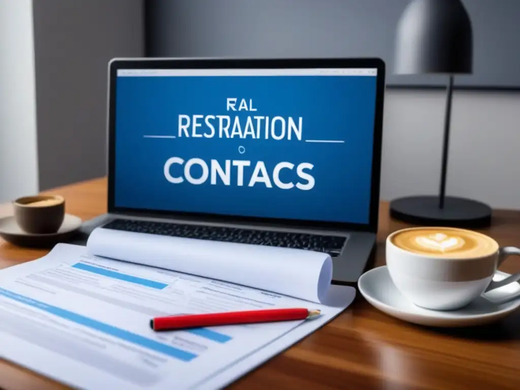 Contrato de restauración inmobiliaria: detallado y profesional Un elegante plano arquitectónico con cláusulas críticas para contratos de restauración inmobiliaria, sobre un escritorio moderno con laptop y café